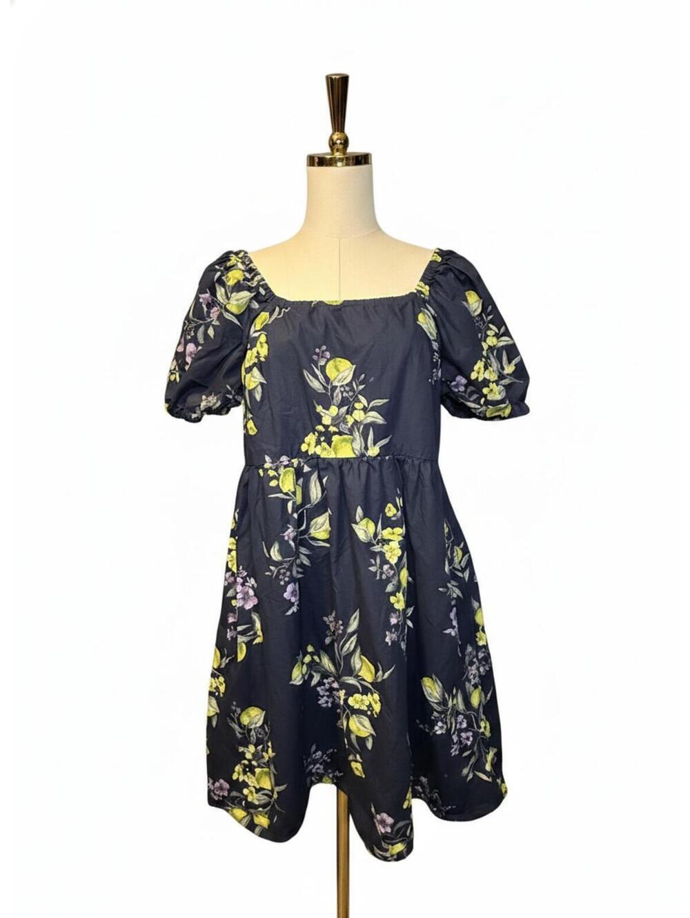 Time and Tru Women's Navy Tie Back Lemon Tree Print Midi Dress Size M (8 - 10)